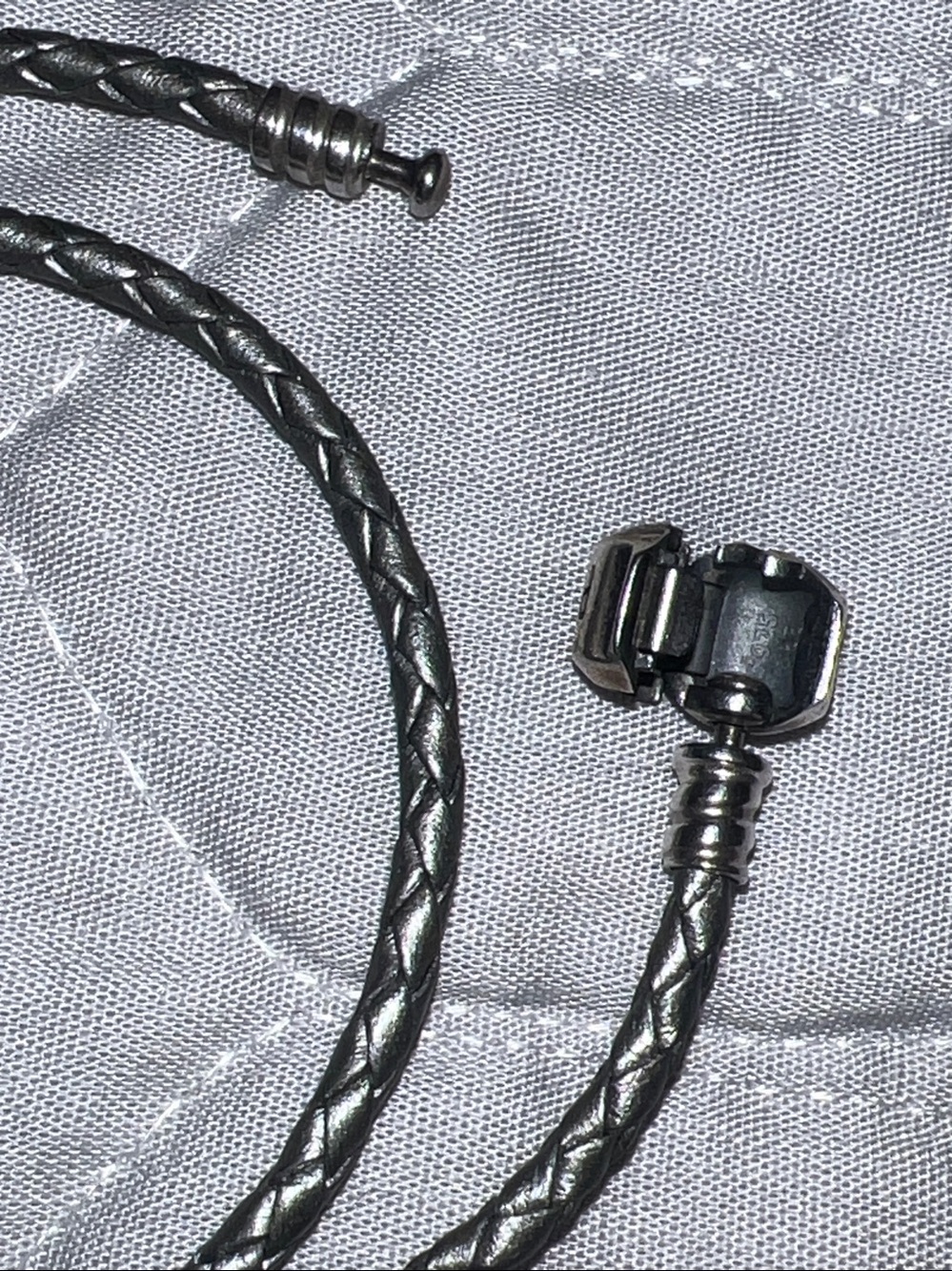 Pandora Double Metallic Light Grey Leather Bracelet Sterling Silver 15” - Picture 3 of 8